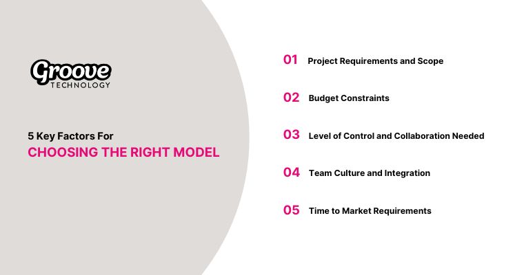 Key factors for choosing the right model include project scope, budget, control, and team culture